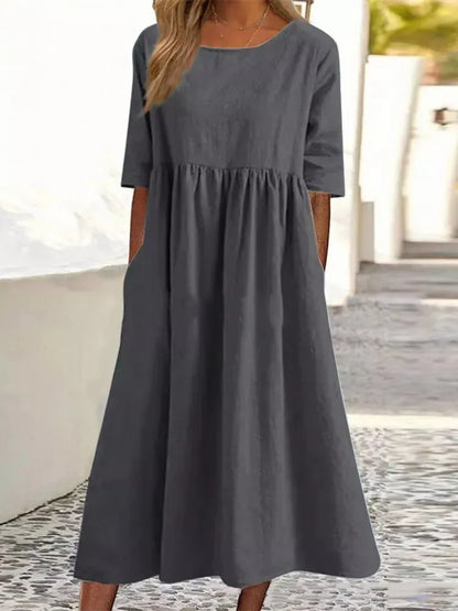 🔥Robe décontractée en coton à col ras du cou et à poches pour femmes (Achetez 2 livraison gratuite)