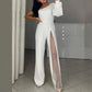 Trendig och sexig jumpsuit för kvinnor med snedställda axlar och hög slits