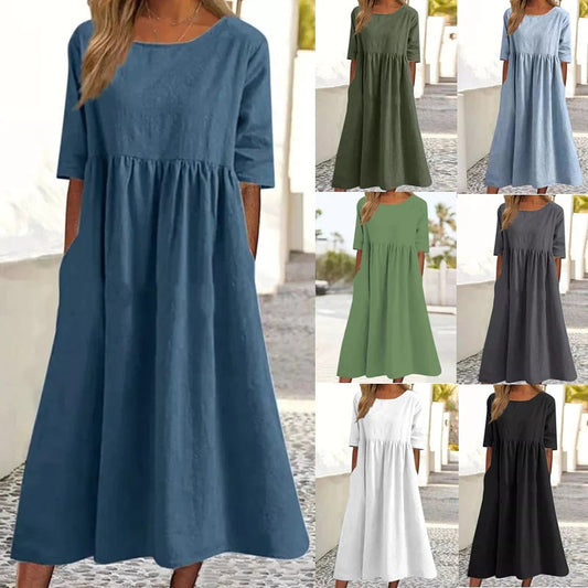👗✨Bomullsklänning med rund halsringning - lätt och snygg för alla tillfällen