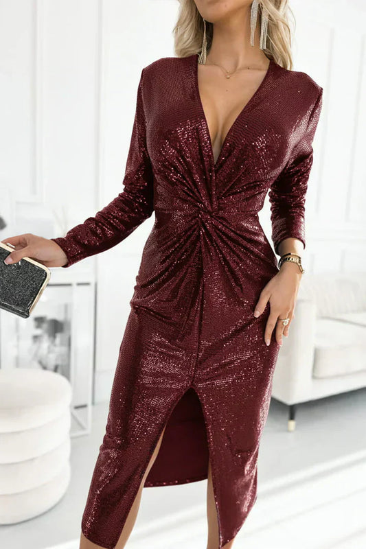 🎅Julrea 60 % RABATT🎁Damklänning med V-ringning, veckad, paljetter och slits för en elegant look