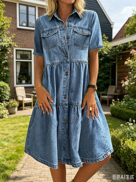 👗✨ Elegant denim midiklänning med krage och knappar