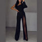 Trendig och sexig jumpsuit för kvinnor med snedställda axlar och hög slits
