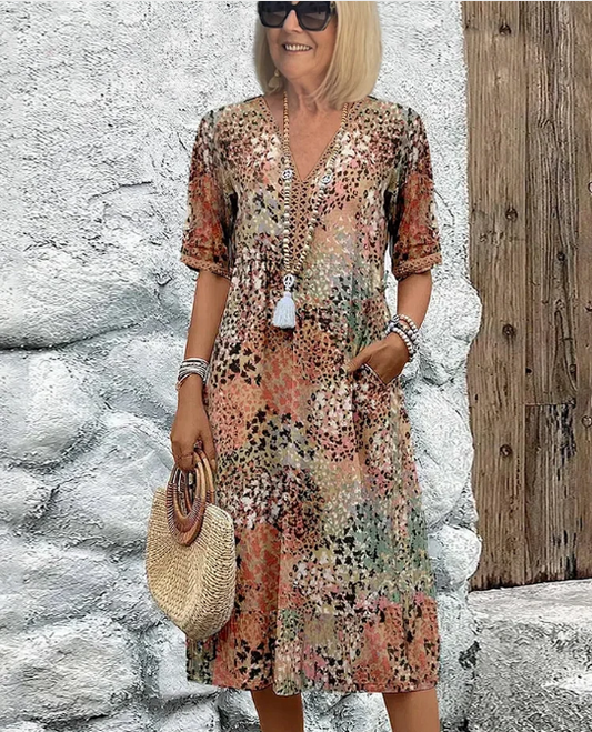 👗🌸 V-ringad mellanlång linne-bomullsklänning