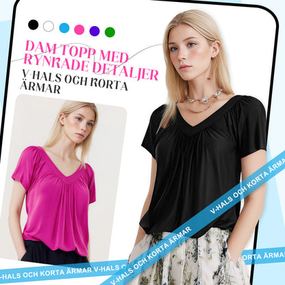 ✨ Dam Topp med Rynkade Detaljer, V-hals och Korta Ärmar
