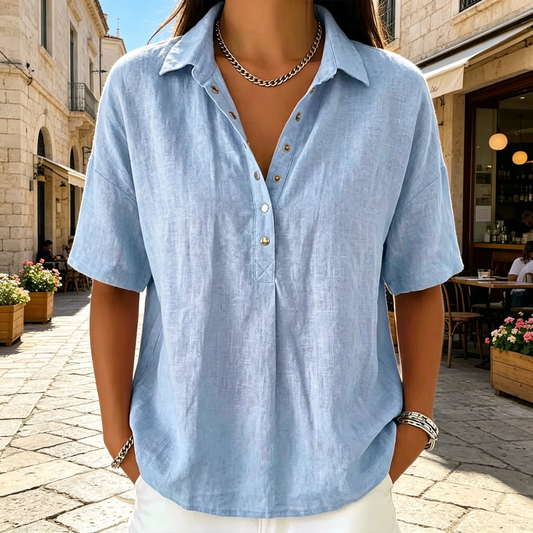 👕🌸 Andningsbar ramie-skjorta med krage och patchworkdetalj