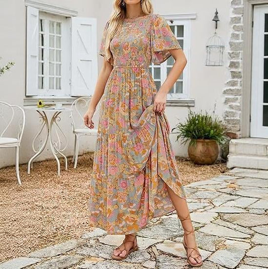 ⏰Specialerbjudande: 49 % rabatt👗 Avslappnad maxiklänning för damer med blommönster, korta flänsar i sammet, smock och hög midja