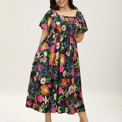 💃Midi-klänning med blommönster, smockad krage och fickor