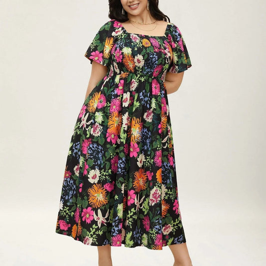 💃Midi-klänning med blommönster, smockad krage och fickor
