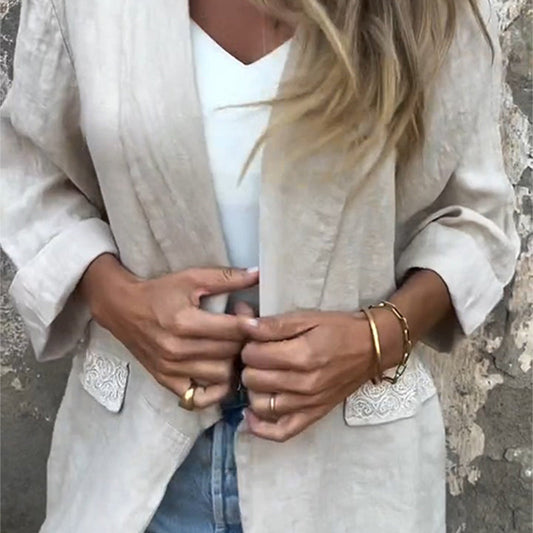 🎁💃Blazer med öppen front i bomull och linne för kvinnor🔥