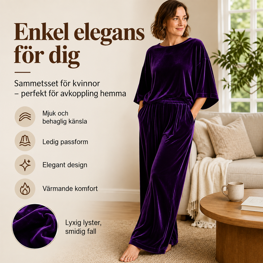 Set med halvärmad topp i sammet och byxor med vida ben för damer