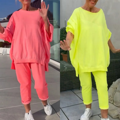 Rund hals Slits Fluorescerande färg Casual kostym för kvinnor