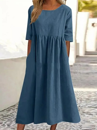 🔥 Sommarrabatt! Rundhalsficka Bomullsklänning – Lätt och Stilfull för Alla Tillfällen!👗 ✨
