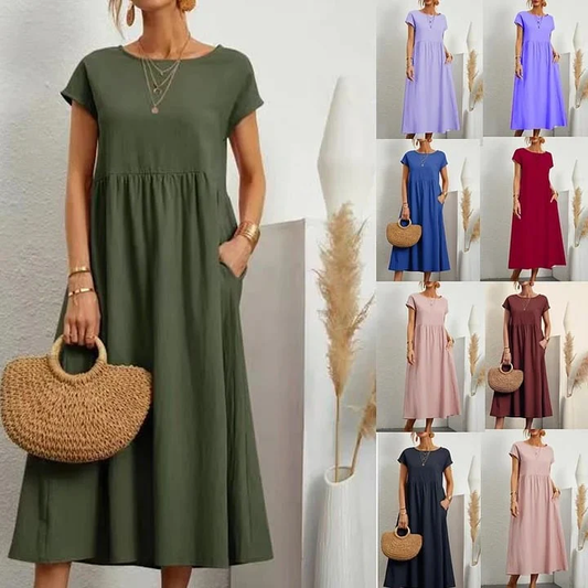 👗🌸 Kvinnors Bomull-Linne Enfärgad Klänning med Fickor – Andningsbar, Smickrande Midja & Lättvikt – Perfekt För Vår & Sommar ☀️