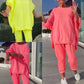 Rund hals Slits Fluorescerande färg Casual kostym för kvinnor