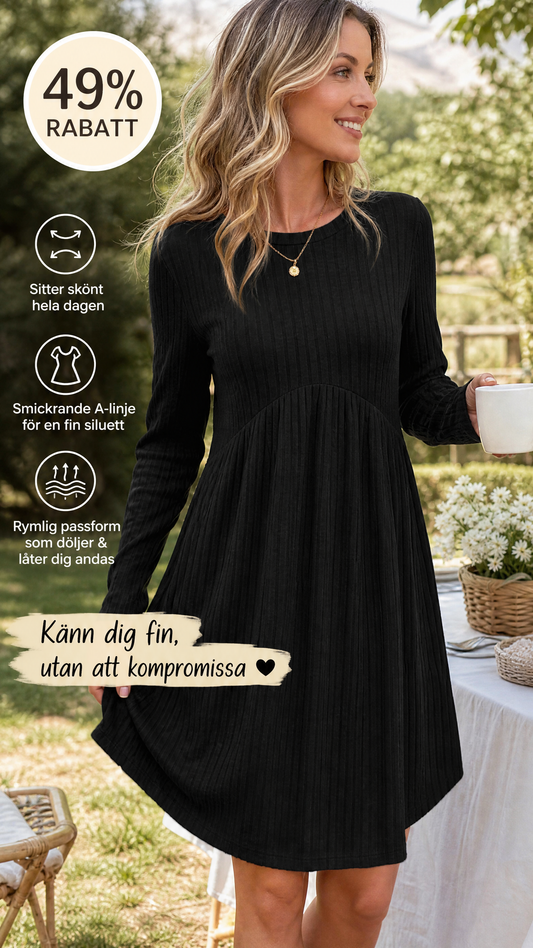 🌸 Ett elegant val ✨Damernas Ribbstickade A-linjeklänning – Elegant Midiklänning med Lång Ärm för Höst och Vinter