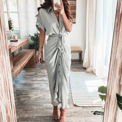 👗✨ V-ringad rynkad satinskjortklänning