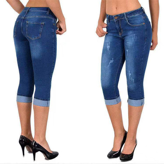 Slitna capris-jeans med upprullad fåll🔥Köp 2 och få fri frakt