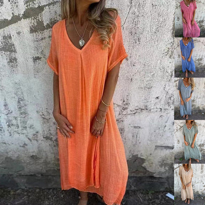 🔥Köp 2 och få fri frakt🔥Hot Sale Lös V-ringad klänning i bomull och linne för kvinnor👗