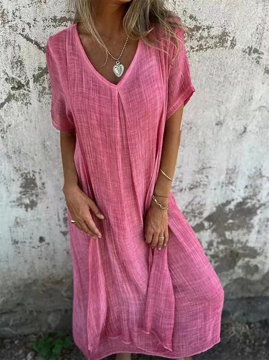 🔥Köp 2 och få fri frakt🔥Hot Sale Lös V-ringad klänning i bomull och linne för kvinnor👗