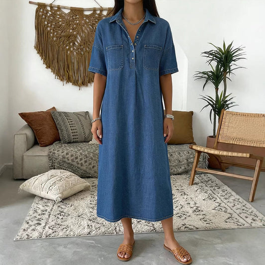 👗Ljus denim midiklänning med fickor