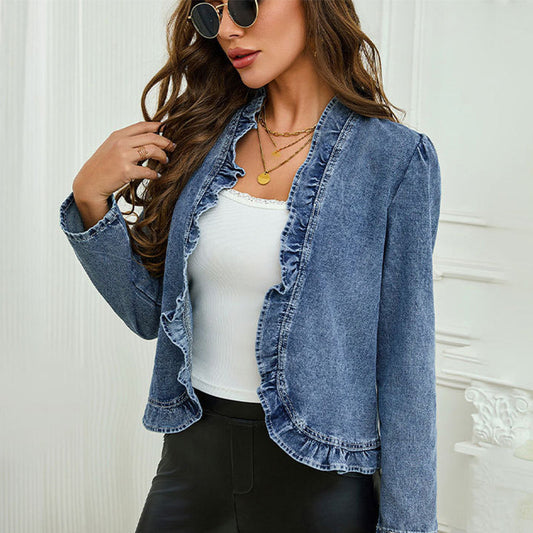 🧥 🌸 Dam Denimjacka med Volang & Öppen Framsida – Lättviktig & Feminin – Mångsidig & Chic 👗
