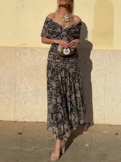 💞Was soll ich morgen anziehen?🌞 Damen Off-the-shoulder V-Ausschnitt Bedrucktes Kleid