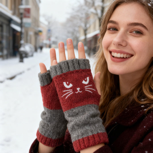 ⚡Christmas Hot Sale 50% OFF!🔥Warm and Cuddly🧤Women's Knitted Fingerless Gloves with Cute Cat Pattern🐱