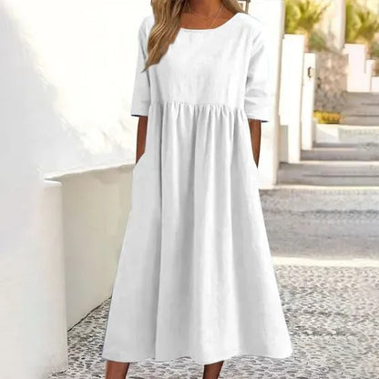 🔥 Sommarrabatt! Rundhalsficka Bomullsklänning – Lätt och Stilfull för Alla Tillfällen!👗 ✨