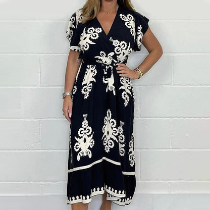 Sommar Ruffle Sleeves Tie V-Neck Klänning För Plus Size Flickor