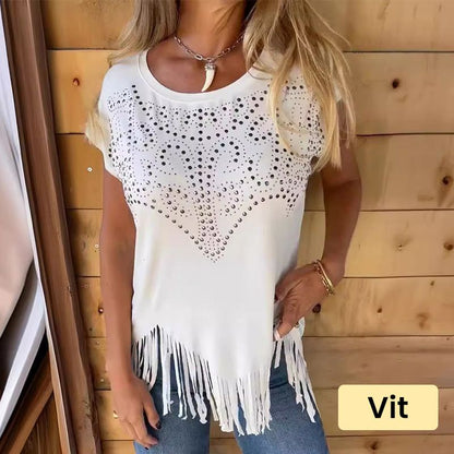 🔥HET FÖRSÄLJNING 54% RABATT🔥Damens enfärgade kortärmade T-shirt med heta tryck och fransad nederkant