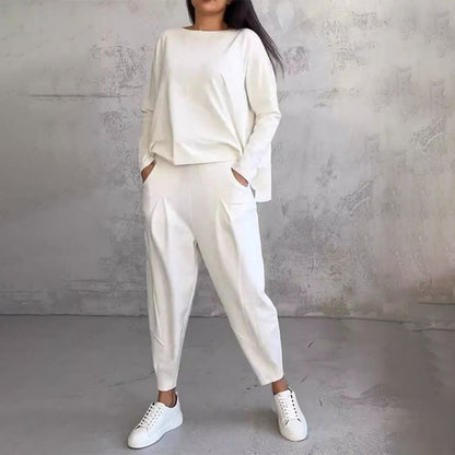 💕2-delat set för kvinnor: långärmad topp med rund hals + byxor 🧥+👖