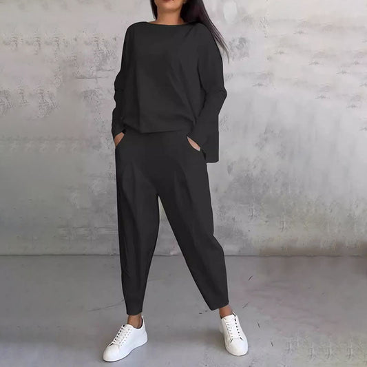 💕2-delat set för kvinnor: långärmad topp med rund hals + byxor 🧥+👖