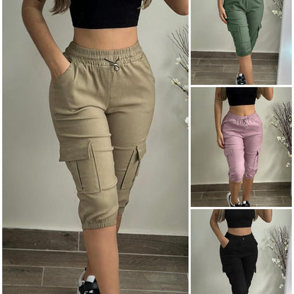 👖✨ Smala croppedbyxor med dragsko och fickor