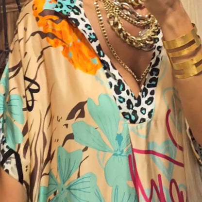 🎉2025 Nya Produkter Hot Sale✨Djup V-nacke kortärmad klänning med tryck för kvinnor