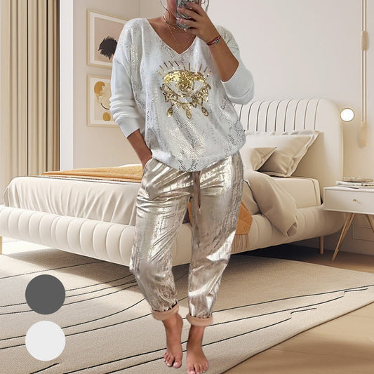 🔥LIVRAISON GRATUITE🔥Ensemble 2 Pièces pour Femmes avec Motif Œil du Diable et Ornements à Paillettes【Top + pantalon】