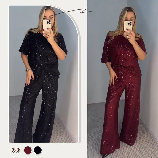 2025 Nouvelle conception👗🌸Haut ras du cou à paillettes et pantalon ample pour femme