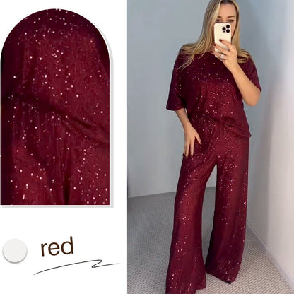 2025 Nouvelle conception👗🌸Haut ras du cou à paillettes et pantalon ample pour femme