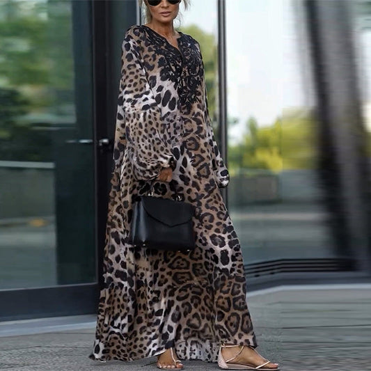 🤩Långärmad avslappnad klänning för kvinnor med leopardtryck