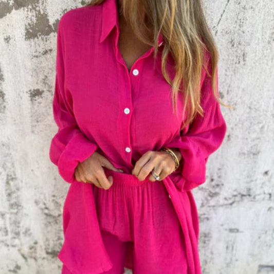 🛍️Tvådelat set med långärmad skjorta och shorts för kvinnor