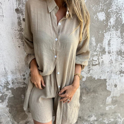 🛍️Tvådelat set med långärmad skjorta och shorts för kvinnor