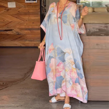 🥰46%  Réduction🌸Robe longue ample à imprimé floral et demi-manches