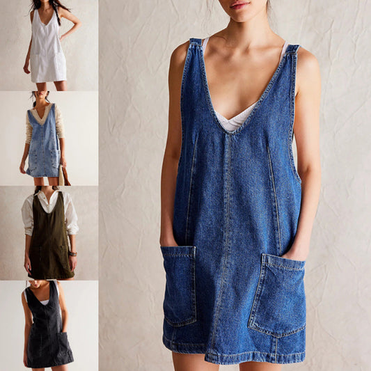 🔥🎁Nyhet 50 % RABATT🔥Dammode Denim Bakluckelös klänning