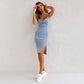 👗✨ U-ringad slitsad denimklänning med justerbara band