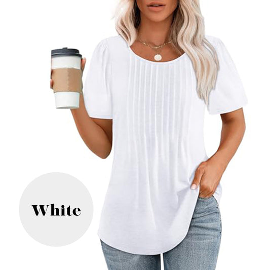 👚Kortärmad plisserad klänning för kvinnor Casual toppar med rundad hals