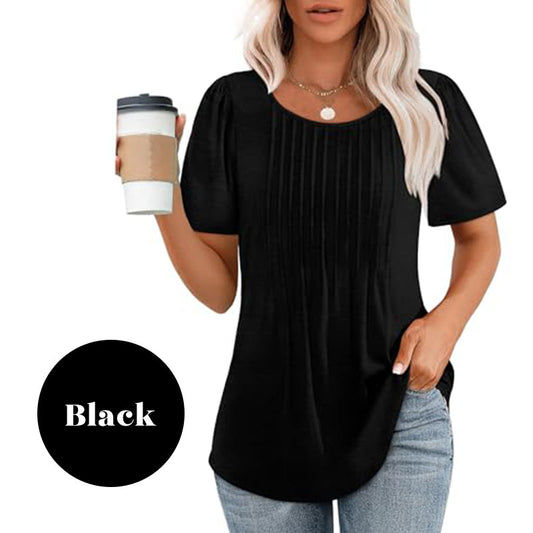 👚Kortärmad plisserad klänning för kvinnor Casual toppar med rundad hals