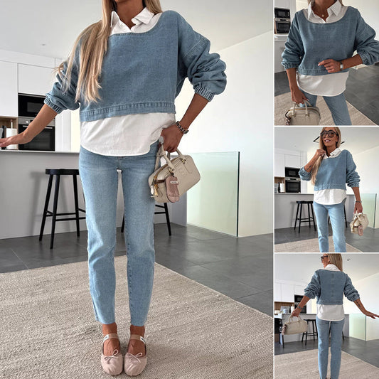 🔥FRI FRAKT🔥Dam Mode Långärmad Denim Topp & Byxor Tvådelat Set