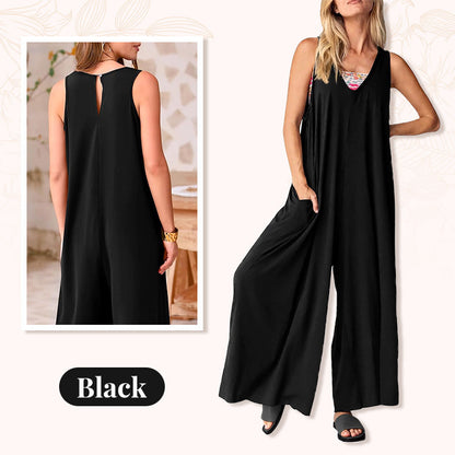 V-ringad ärmlös jumpsuit med vida ben för kvinnor