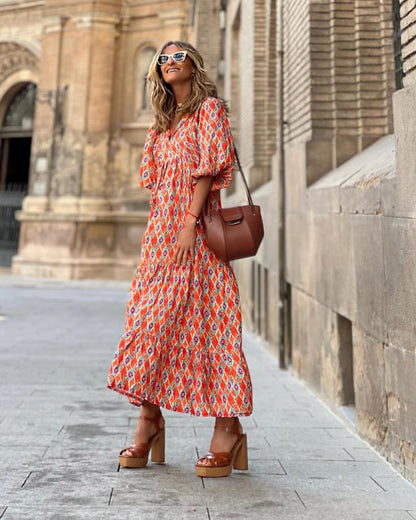 💖SISTA DAGEN FÖRSÄLJNING 57% RABATT💖 Elegant boho maxiklänning för kvinnor med puffärmar👗