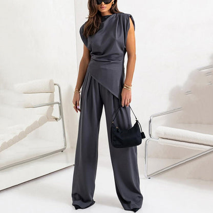 Elegant tvådelat set i enfärgad modell för kvinnor🌸Topp + byxor