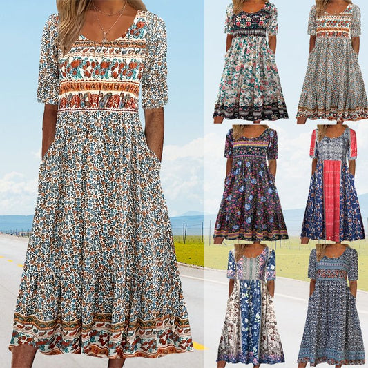 🌸✨ Elegant klänning med bohemtryck för kvinnor